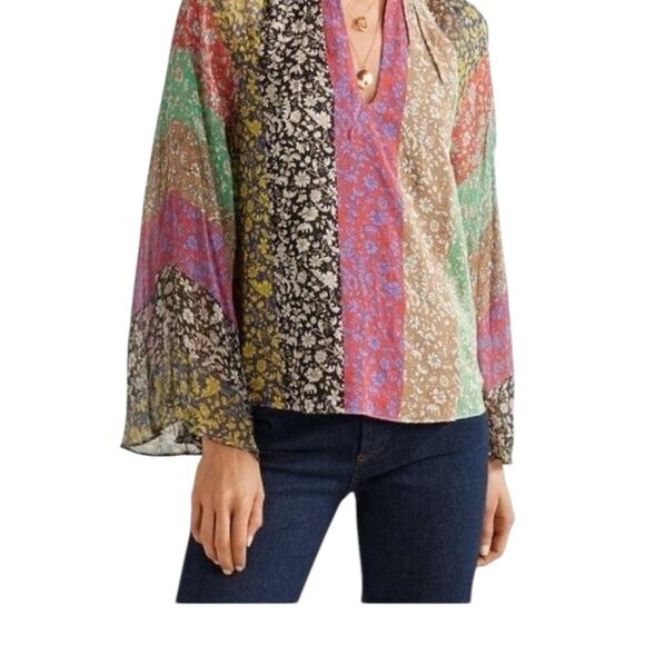 Alice + Olivia Prija Wide Sleeve Blouse bohemian size XS Green Red Blue - Picture 4 of 11